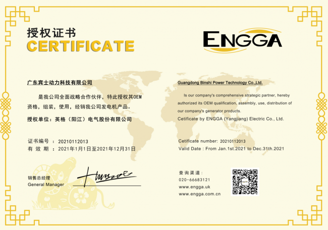 Engga alternator OEM certificate